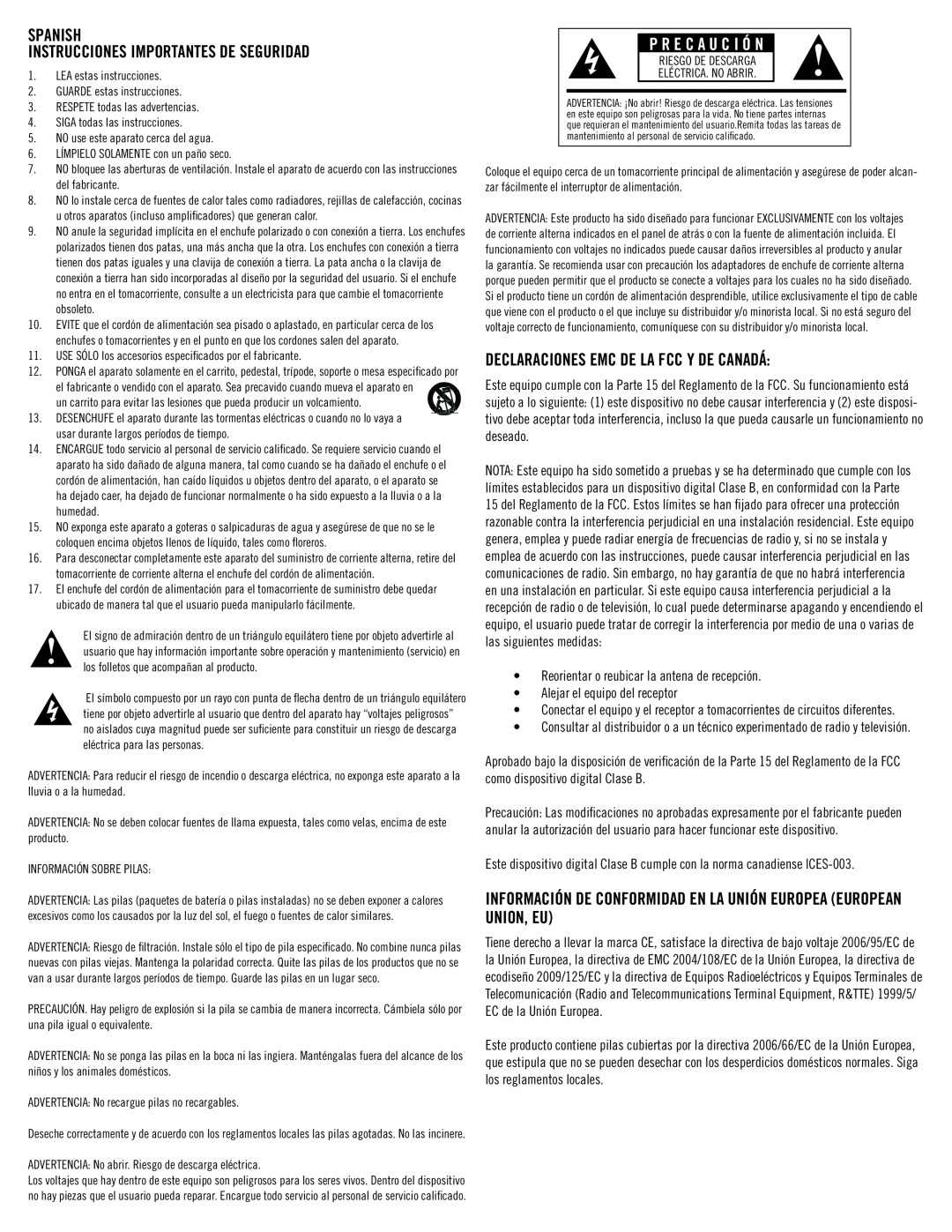 Klipsch SB 1 SPANISH Instrucciones importantes de seguridad, P R E C A U C I Ó N, Declaraciones Emc De La Fcc Y De Canadá 
