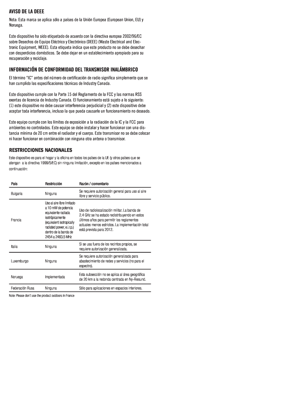 Klipsch SB 1 owner manual Aviso De La Deee, Restricciones Nacionales 