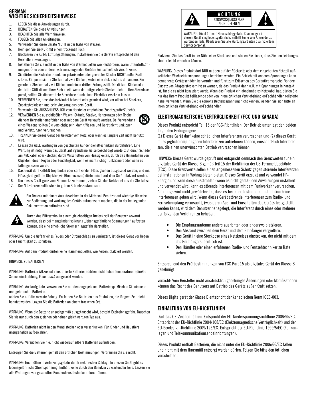 Klipsch SB 1 owner manual German Wichtige Sicherheitshinweise, Einhaltung Von Eu-Richtlinien, A C H T U N G 