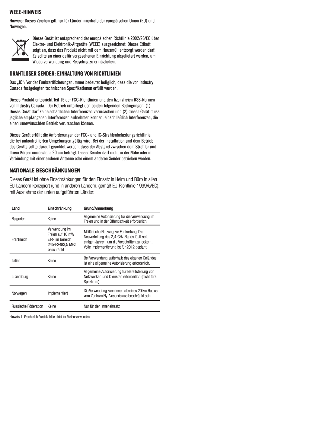 Klipsch SB 1 owner manual Weee-Hinweis, Drahtloser Sender Einhaltung Von Richtlinien, Nationale Beschränkungen 