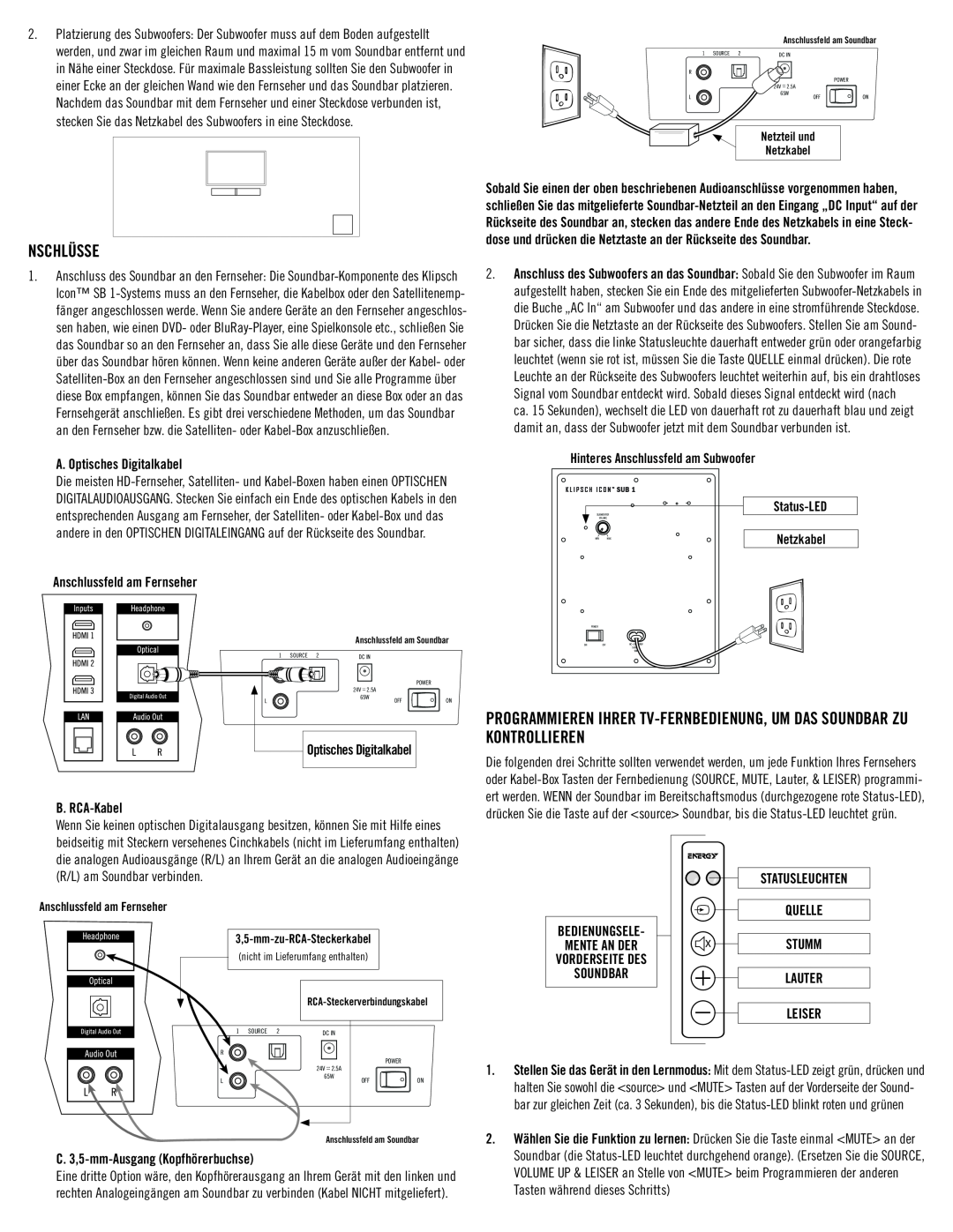 Klipsch SB 1 owner manual Nschlüsse, A. Optisches Digitalkabel, Anschlussfeld am Fernseher, B. RCA-Kabel, Soundbar 
