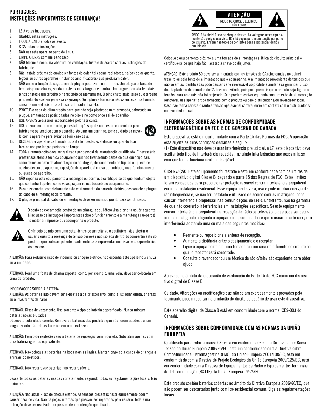 Klipsch SB 1 owner manual PORTUGuESE INSTRUÇÕES importantes de segurança, Atenção 