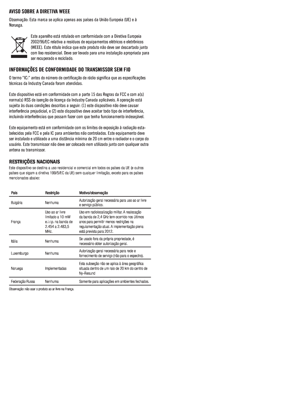 Klipsch SB 1 owner manual Aviso Sobre A Diretiva Weee, Restrições Nacionais 