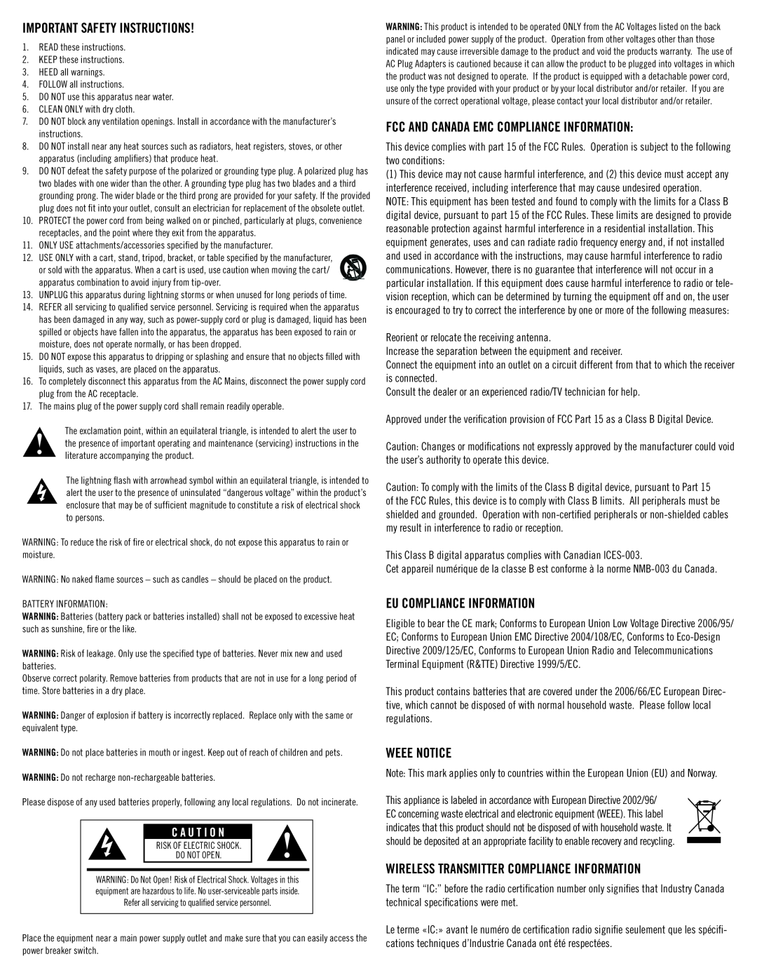 Klipsch SB 1 Important Safety INSTRUCTIONS, Fcc And Canada Emc Compliance Information, Eu Compliance Information 