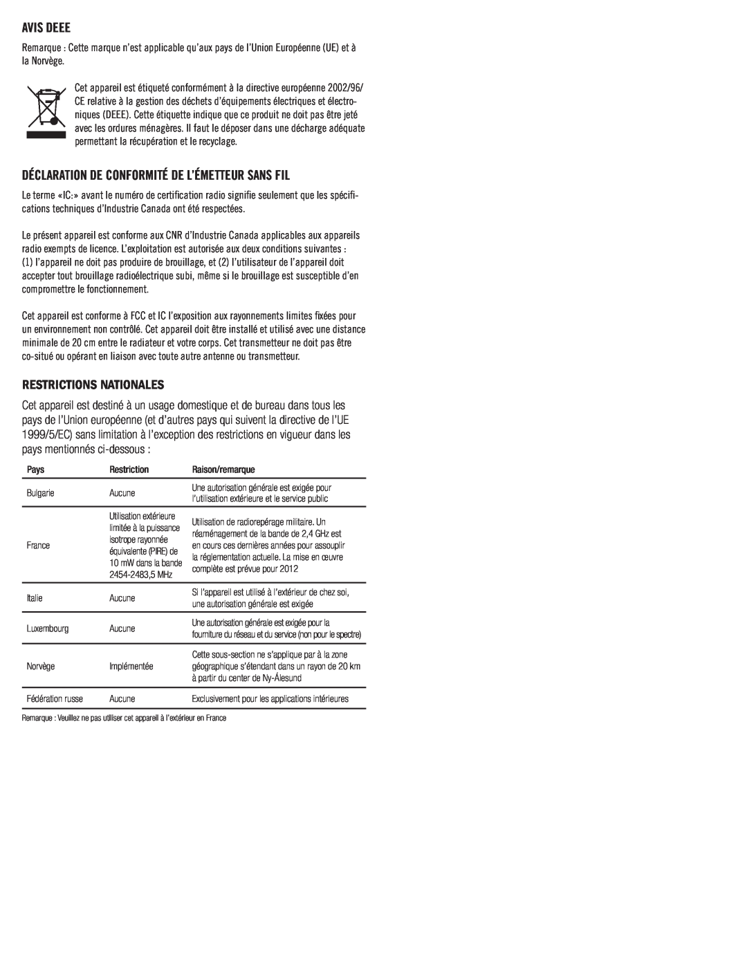 Klipsch SB 1 owner manual Avis Deee, Déclaration De Conformité De L’Émetteur Sans Fil, Restrictions Nationales 