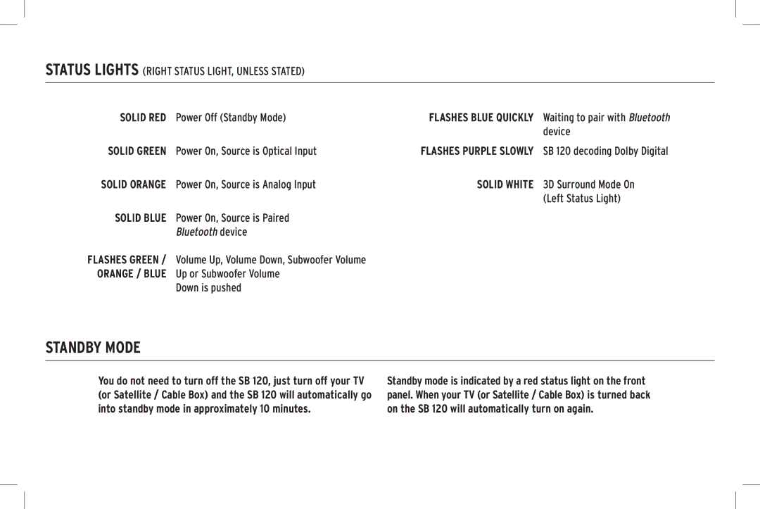 Klipsch SB 120 owner manual Standby Mode, Solid Green 