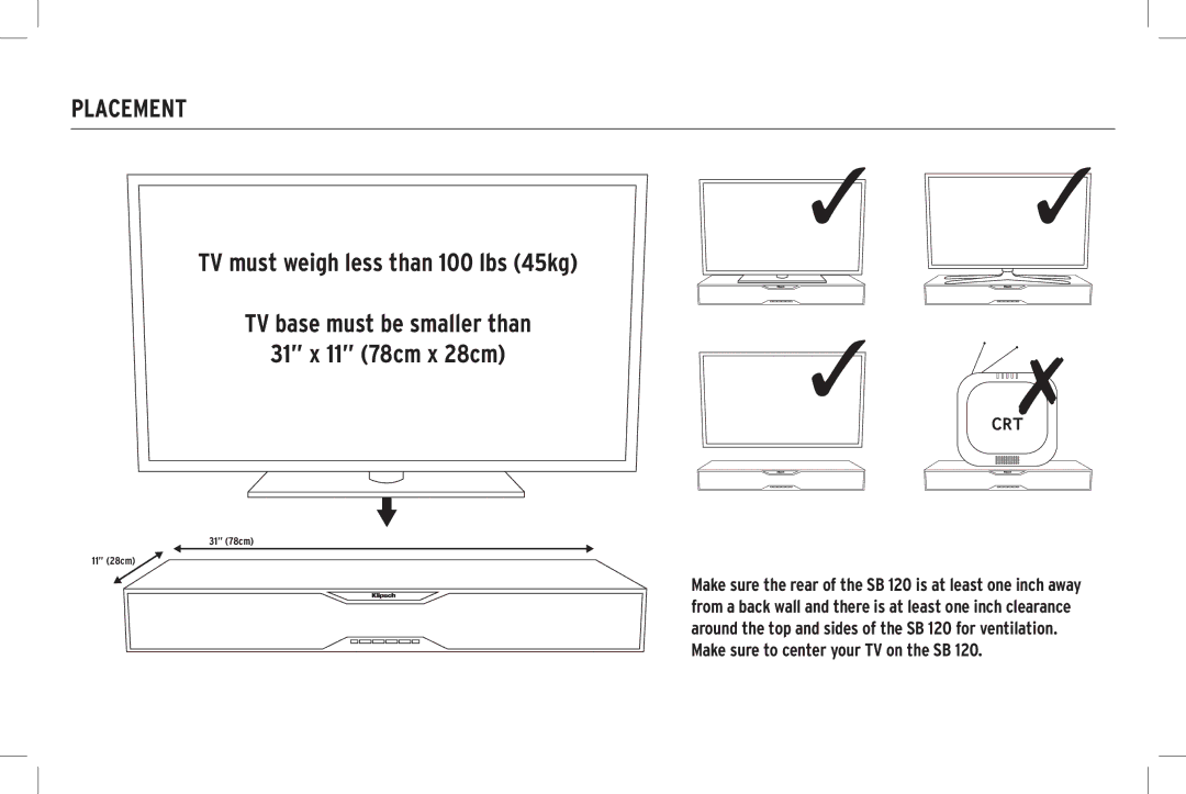 Klipsch SB 120 owner manual Placement, Crt 