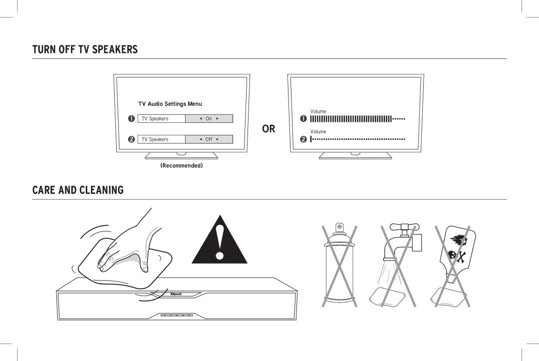 Klipsch SB 120 owner manual Turn OFF TV Speakers, Care and Cleaning 