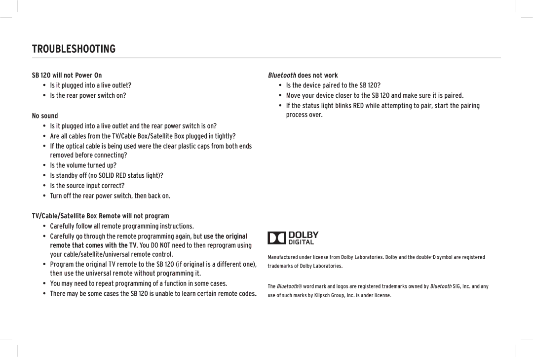 Klipsch SB 120 owner manual Troubleshooting, No sound 