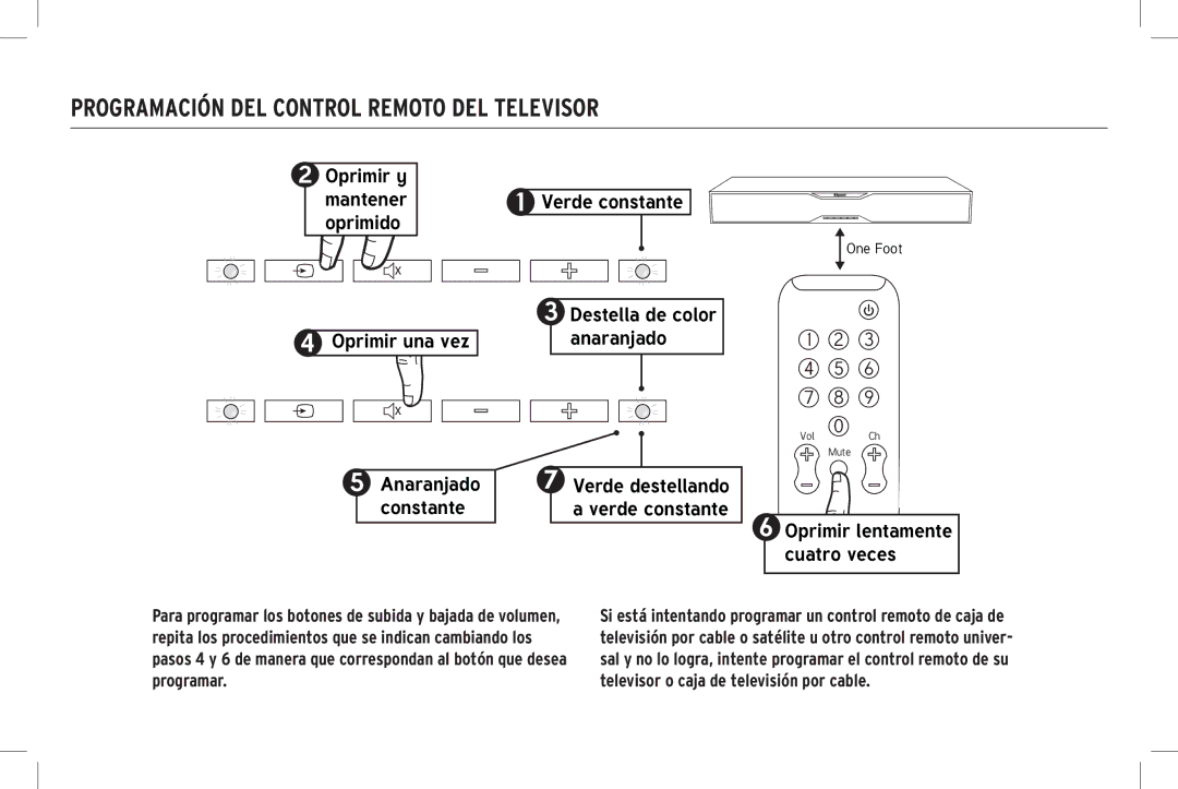 Klipsch SB 120 owner manual Programación DEL Control Remoto DEL Televisor, Oprimir una vez Anaranjado constante 