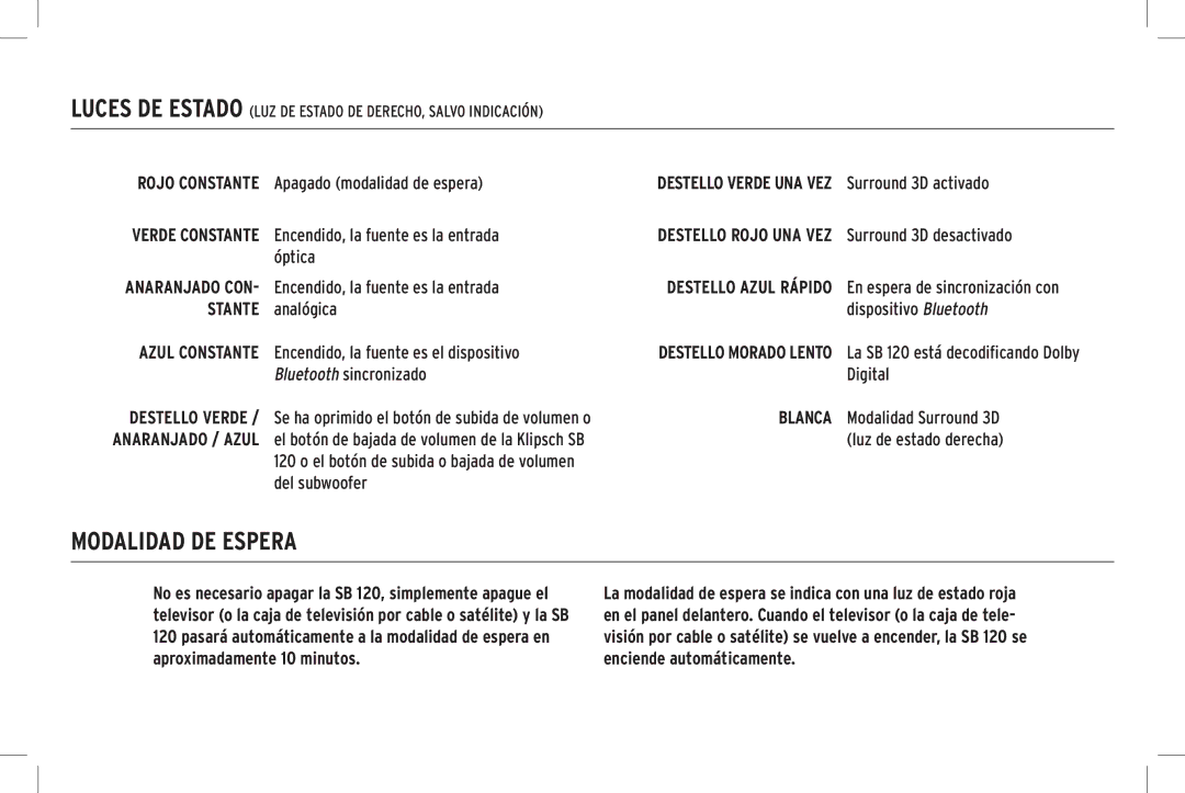 Klipsch SB 120 owner manual Modalidad DE Espera, Stante 