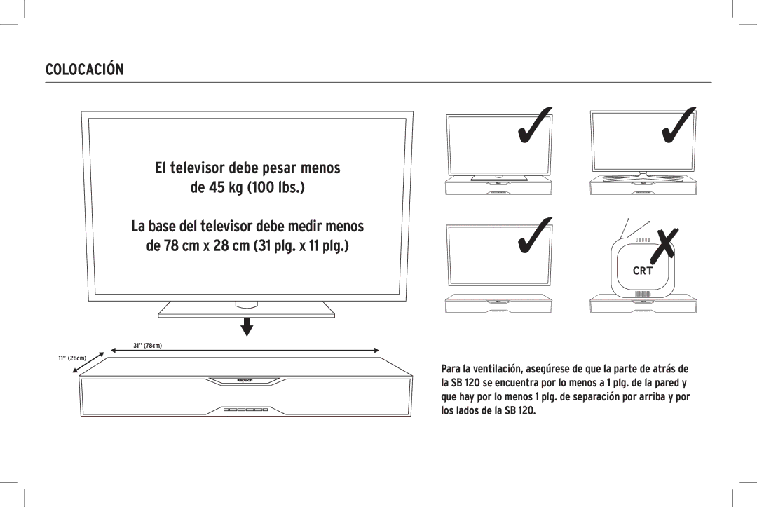 Klipsch SB 120 owner manual Colocación 