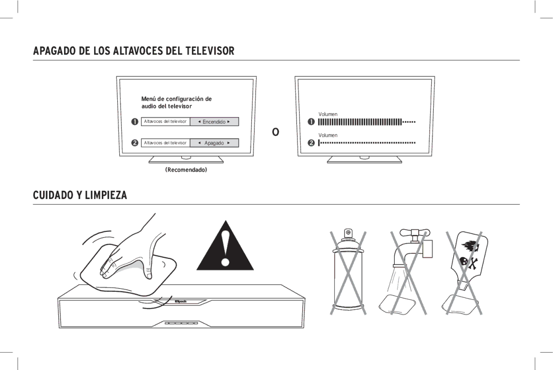 Klipsch SB 120 owner manual Apagado DE LOS Altavoces DEL Televisor, Cuidado Y Limpieza 