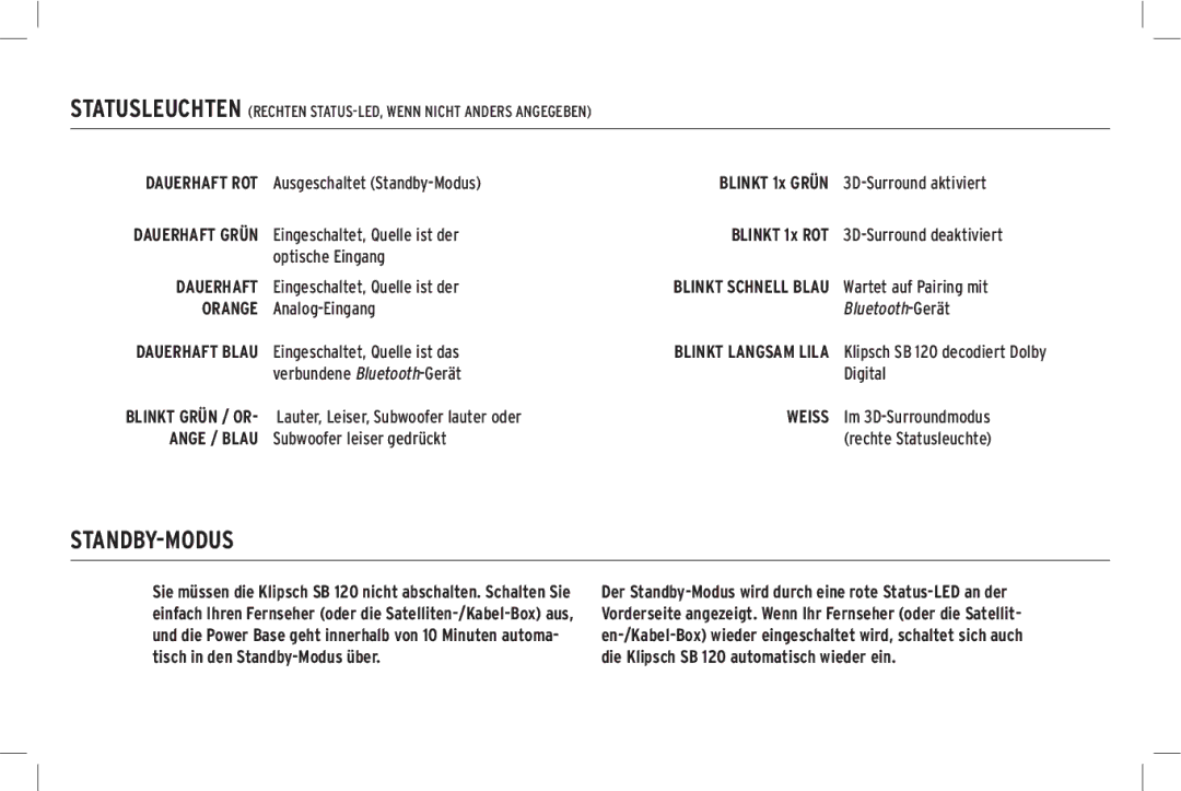 Klipsch SB 120 owner manual Standby-Modus, Orange 
