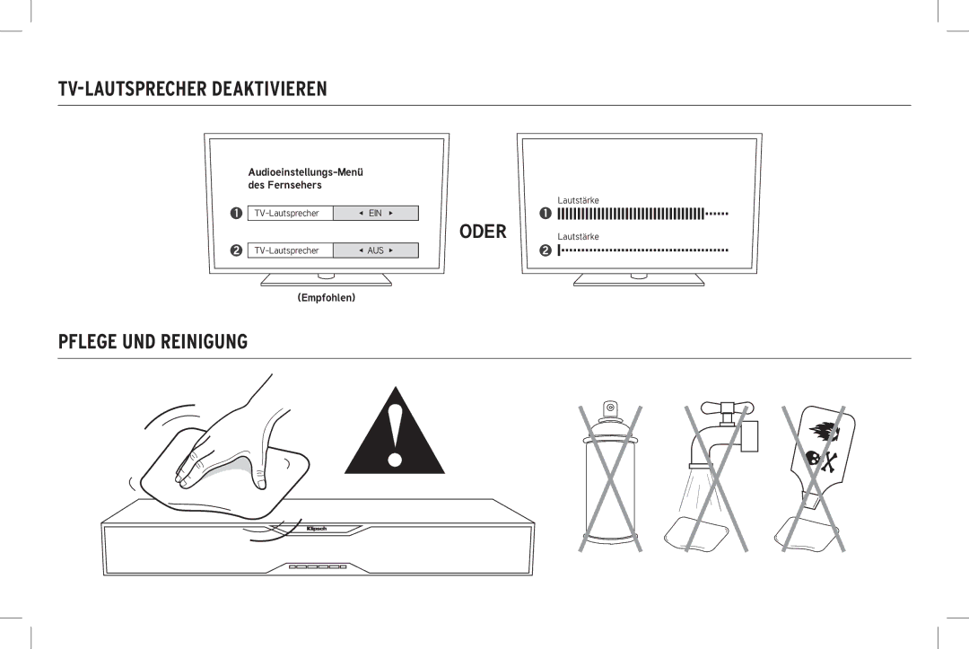 Klipsch SB 120 owner manual TV-LAUTSPRECHER Deaktivieren, Pflege UND Reinigung 