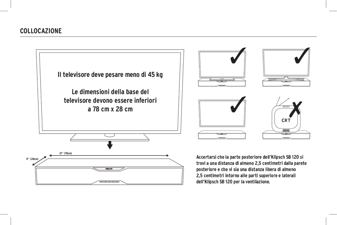 Klipsch SB 120 owner manual Collocazione 