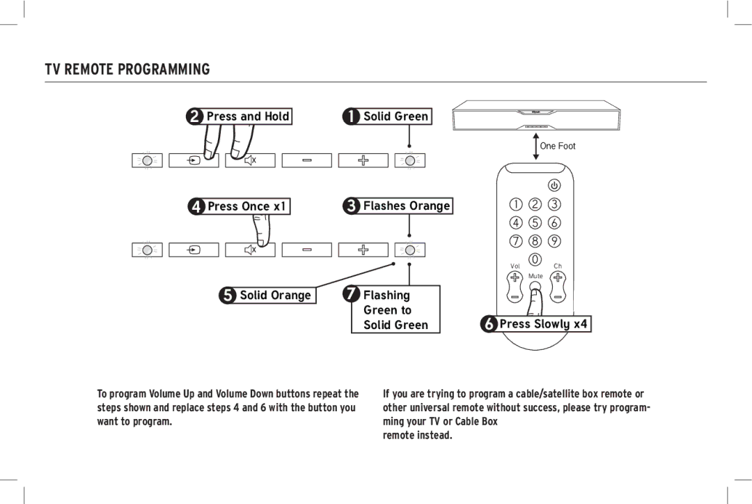 Klipsch SB 120 owner manual TV Remote Programming, Press Slowly 