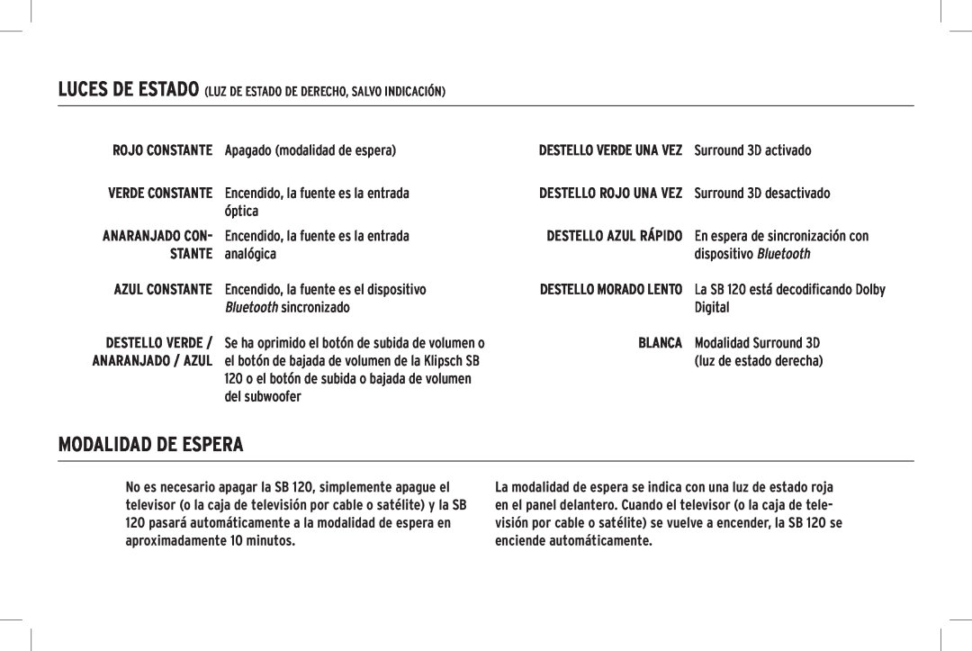 Klipsch SB 120 owner manual Modalidad De Espera, Stante, Blanca 