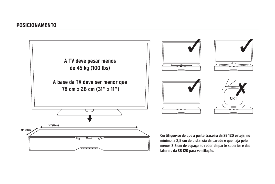 Klipsch SB 120 owner manual Posicionamento, A TV deve pesar menos de 45 kg 100 lbs, 31” 78cm 11” 28cm 