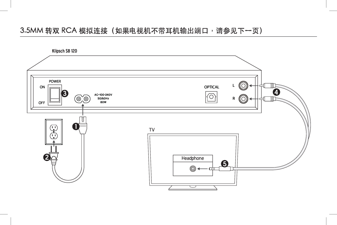 Klipsch SB 120 owner manual 3.5MM 转双 RCA 模拟连接（如果电视机不带耳机输出端口，请参见下一页）, Klipsch SB, Headphone, AC~100-240V, 50/60Hz 