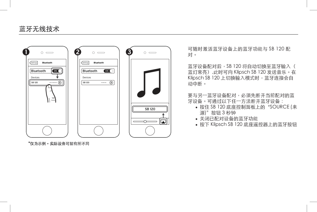 Klipsch SB 120 owner manual 蓝牙无线技术, 仅为示例。实际设备可能有所不同, Devices, Bluetooth, Settings, Not Connected 