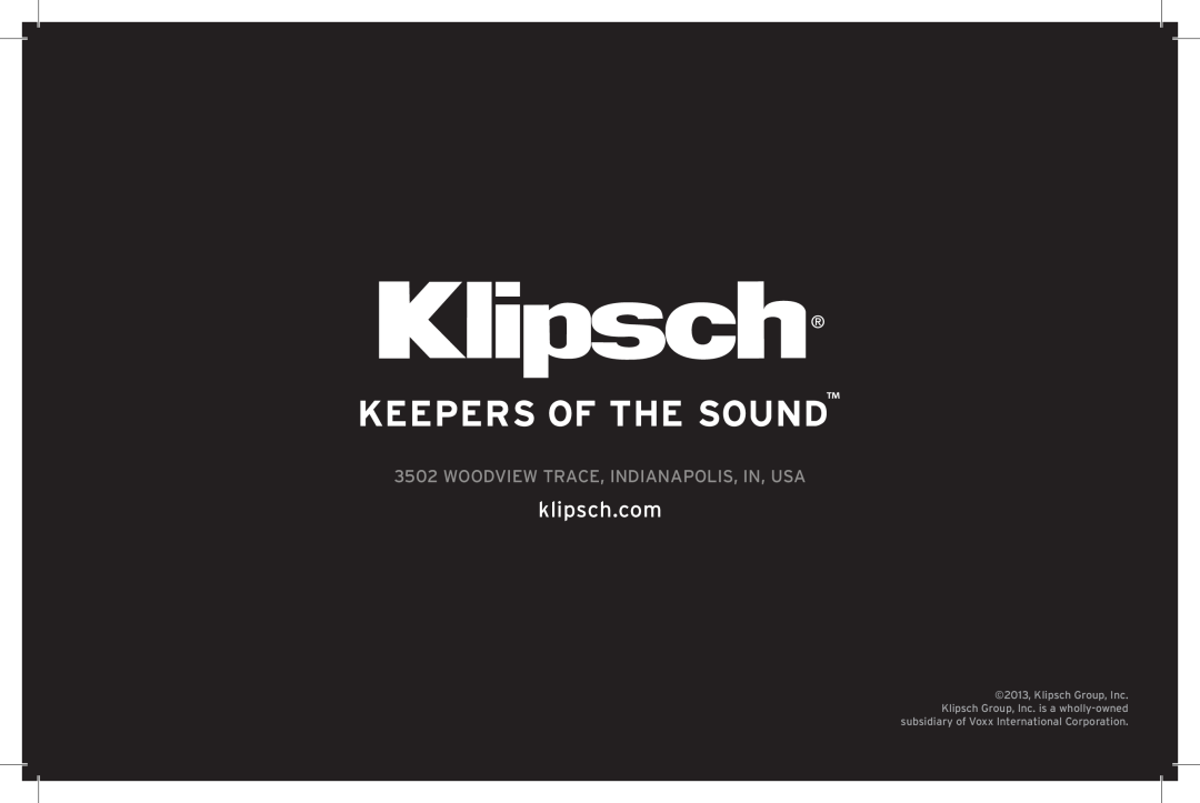 Klipsch SB 120 owner manual Woodview Trace, Indianapolis, In, Usa 