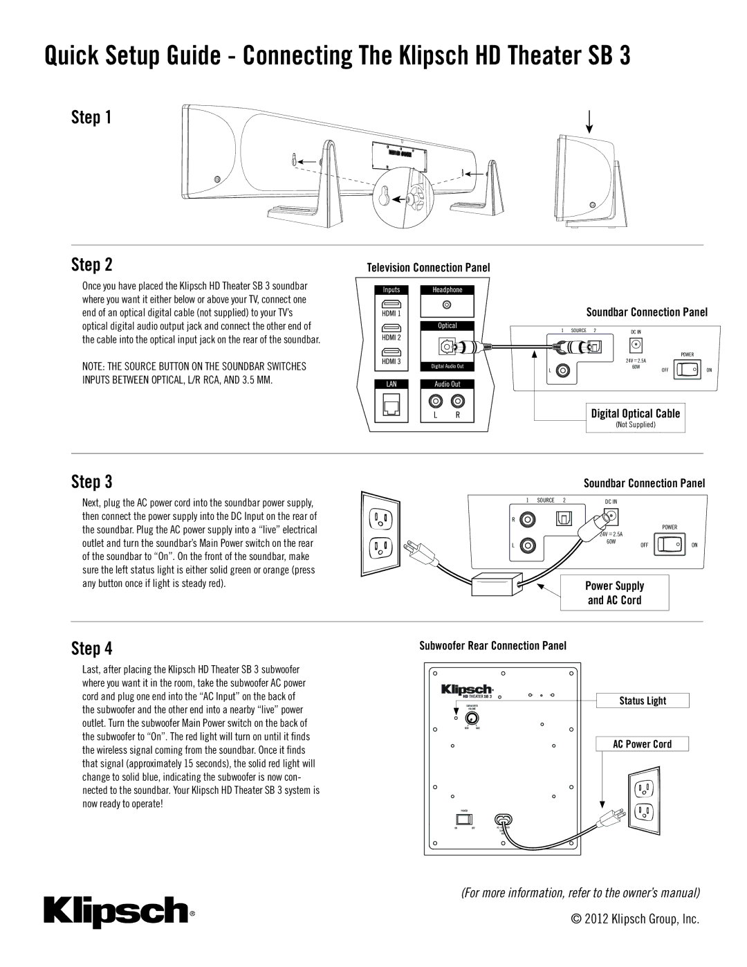 Klipsch SB 3 manual Quick Setup Guide Connecting The Klipsch HD Theater SB, Step, Power Supply AC Cord 