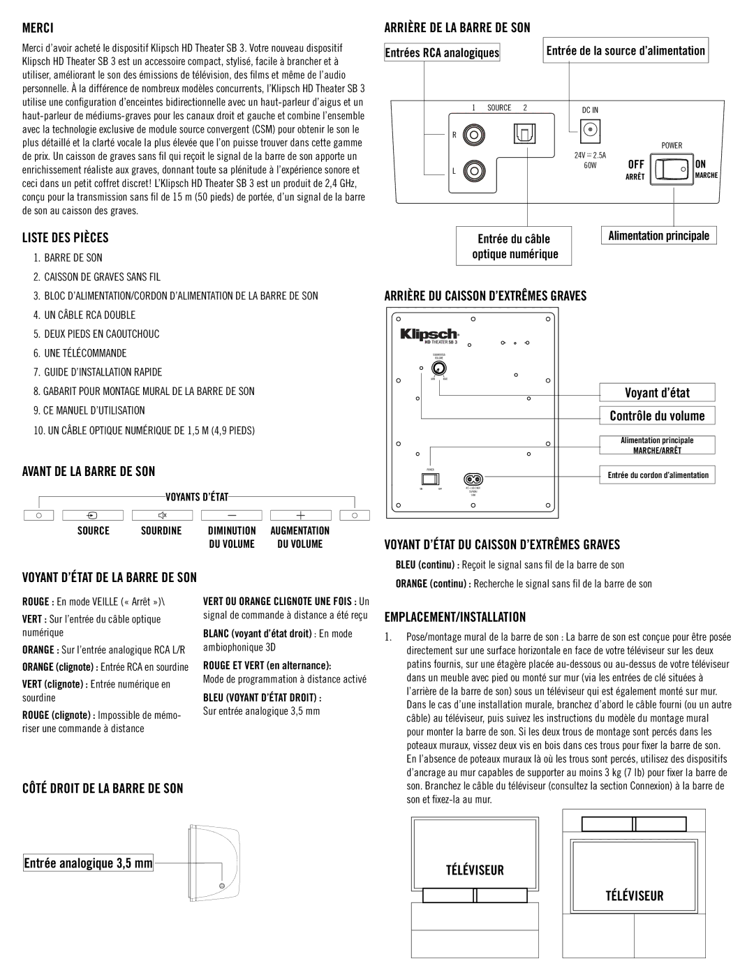 Klipsch SB3 owner manual Merci, Liste DES Pièces 