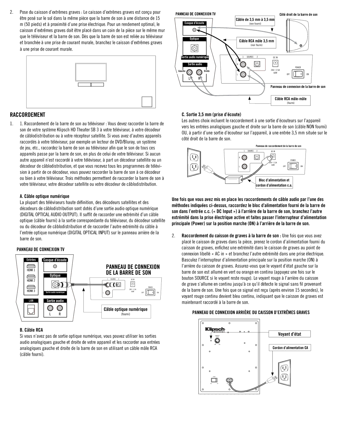 Klipsch SB3 owner manual Raccordement 