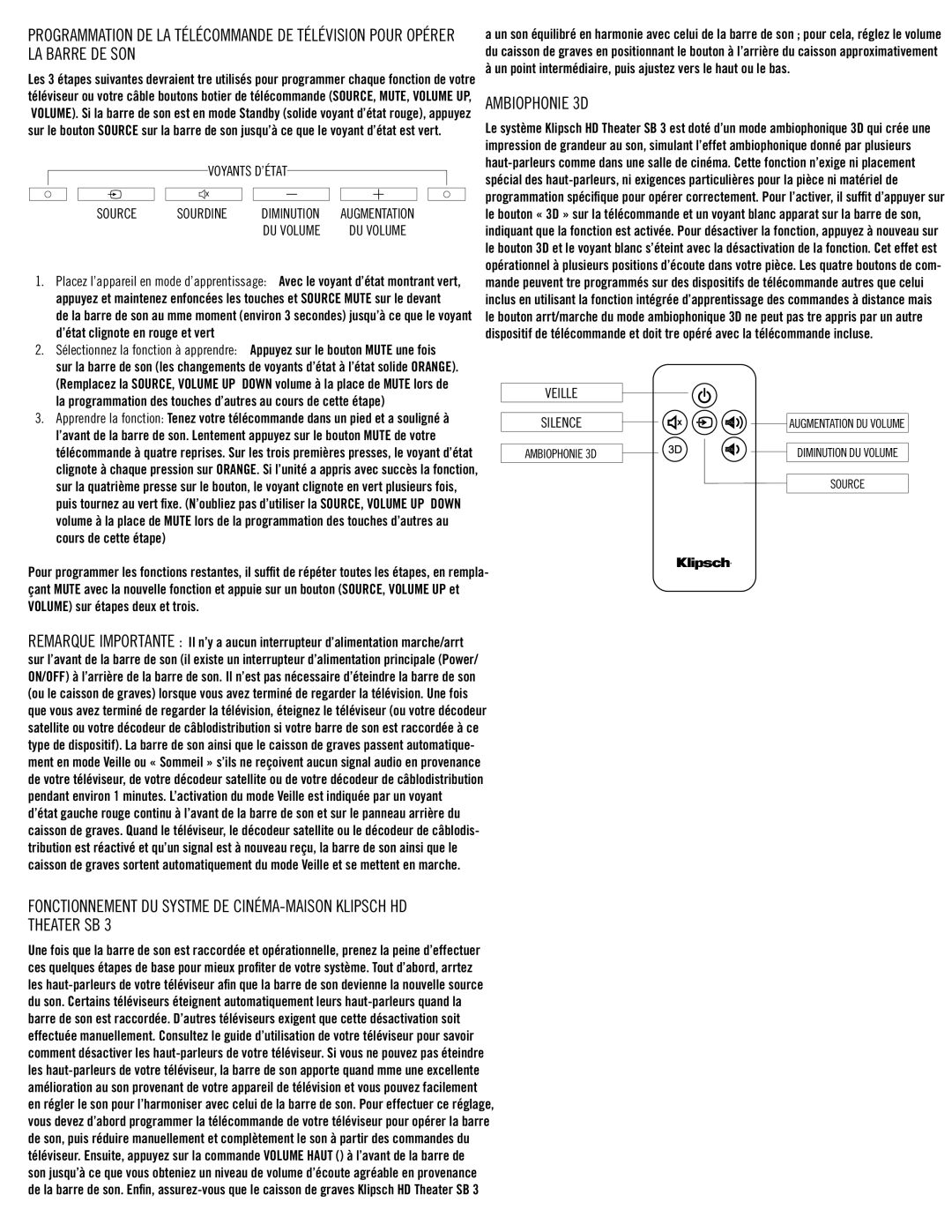 Klipsch SB3 owner manual Ambiophonie 3D, Source Sourdine Diminution, Veille 
