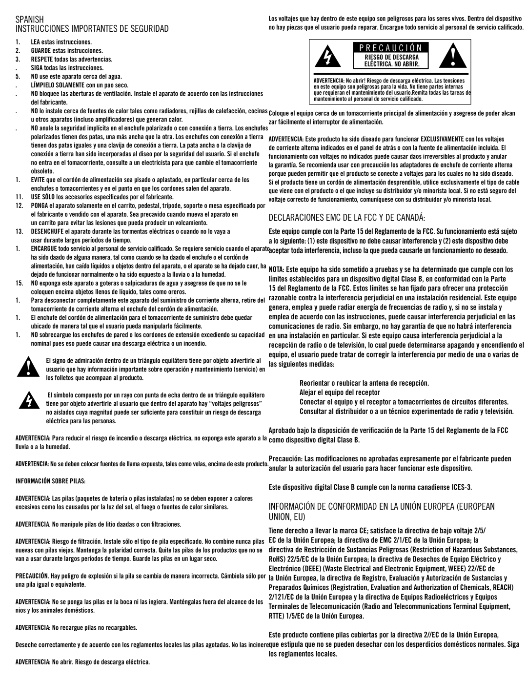 Klipsch SB3 owner manual Spanish, Instrucciones importantes de seguridad, Declaraciones EMC DE LA FCC Y DE Canadá 