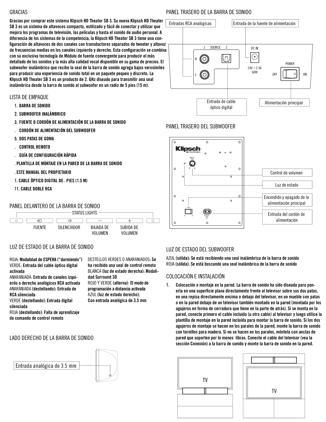 Klipsch SB3 Gracias, Lista DE Empaque, Panel Trasero DE LA Barra DE Sonido, Panel Delantero DE LA Barra DE Sonido 