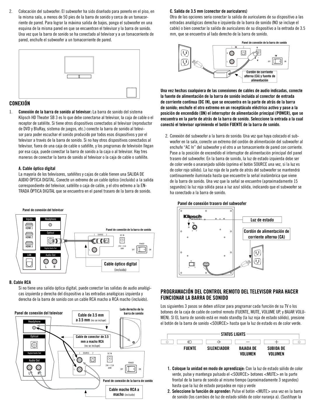 Klipsch SB3 owner manual Conexión, Fuente Silenciador Bajada DE, Volumen 