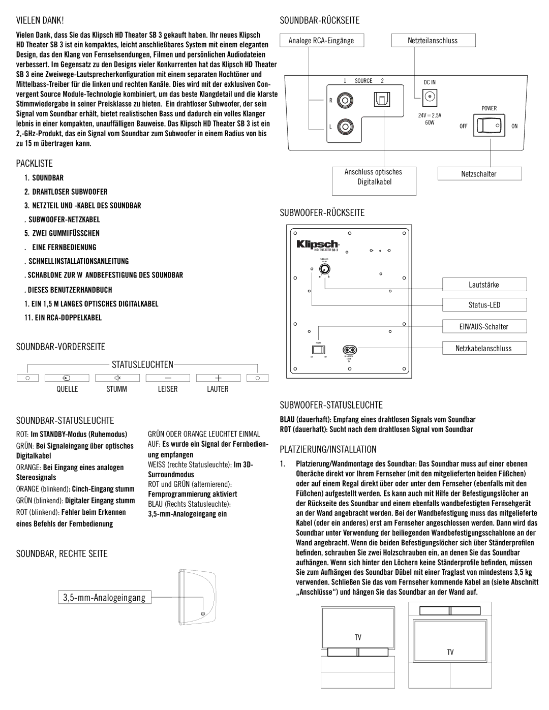Klipsch SB3 Vielen Dank, Packliste, SOUNDBAR-VORDERSEITE Statusleuchten, Soundbar-Rückseite, Subwoofer-Statusleuchte 
