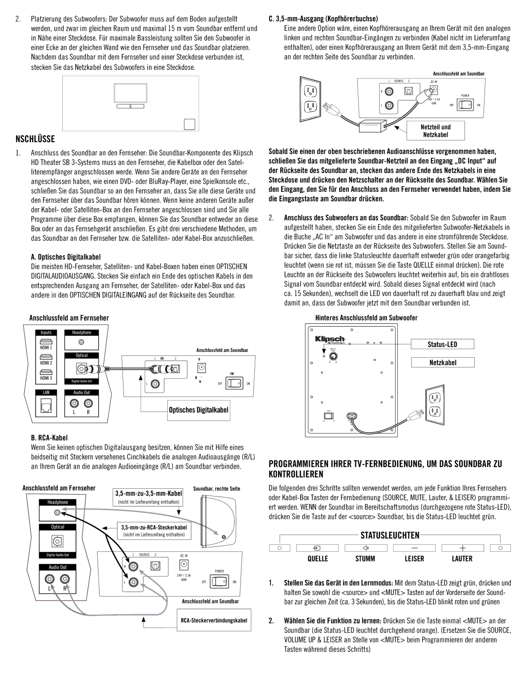 Klipsch SB3 owner manual Nschlüsse 