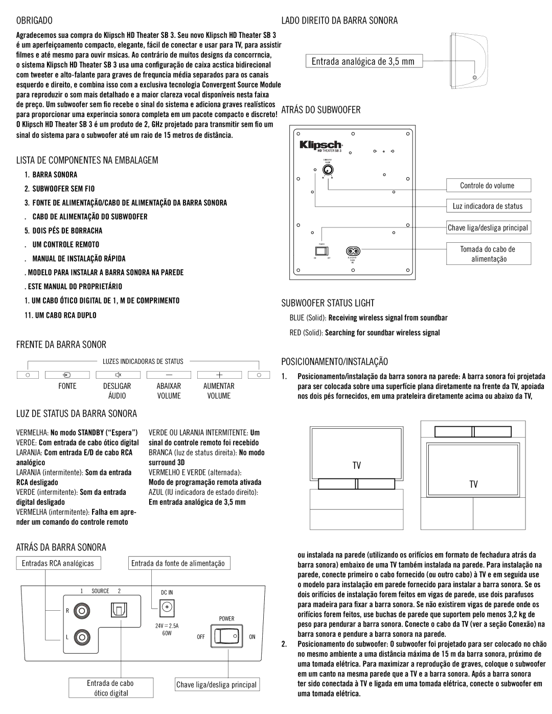 Klipsch SB3 Obrigado, Lista DE Componentes NA Embalagem, Atrás do Subwoofer, Frente DA Barra Sonor, Atrás DA Barra Sonora 