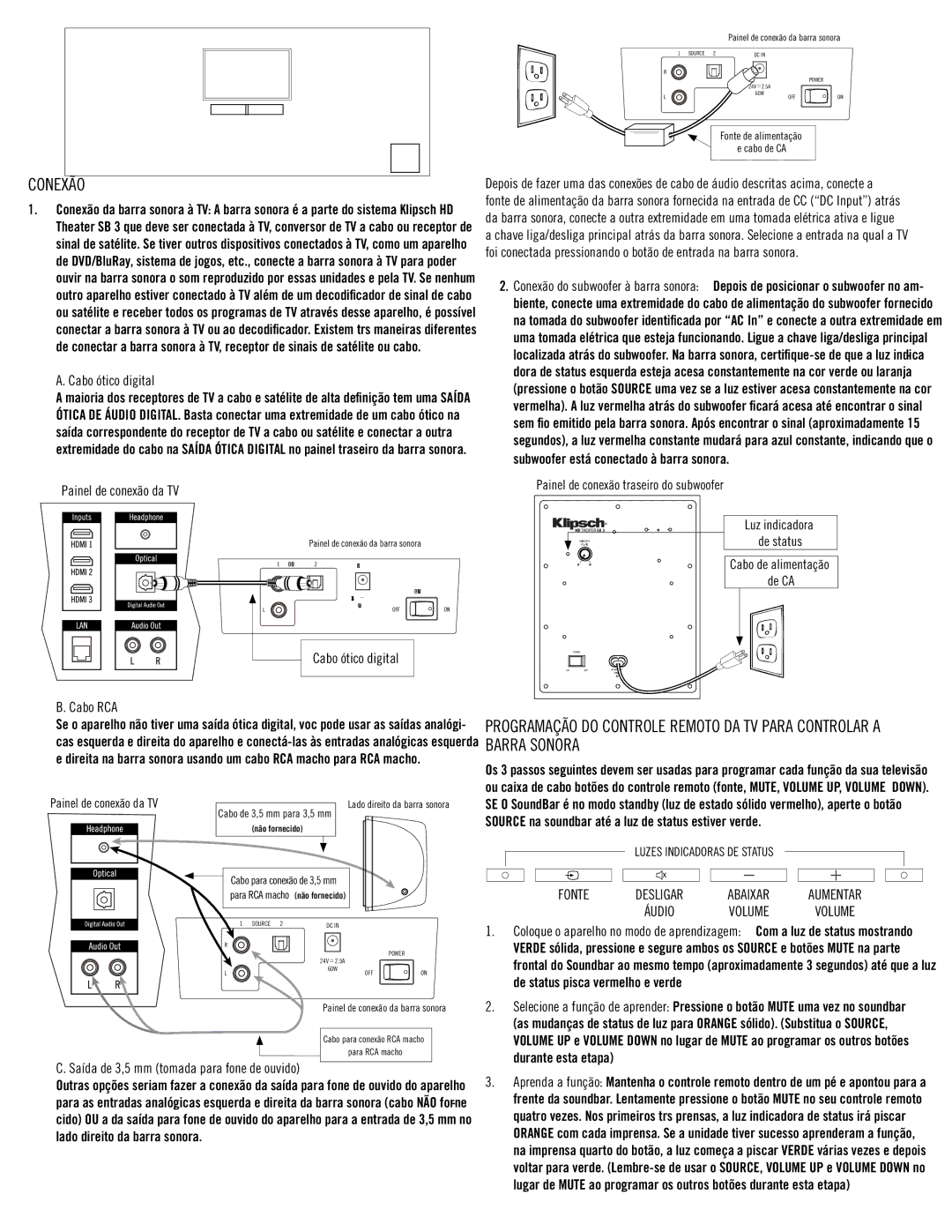 Klipsch SB3 owner manual Conexão 