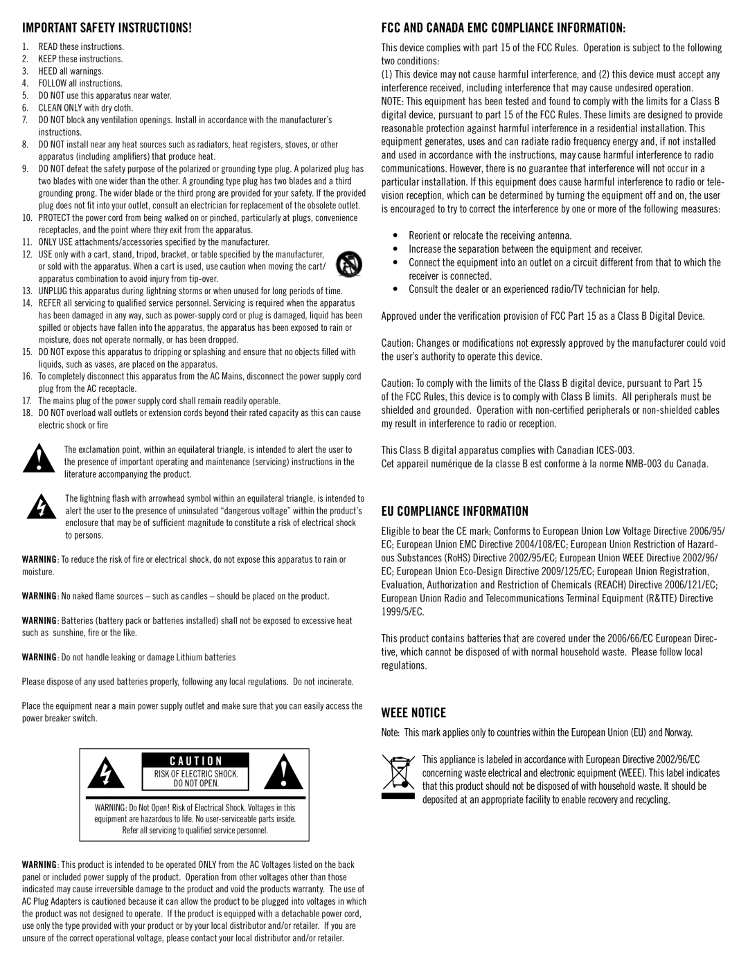 Klipsch SB3 Important Safety Instructions, FCC and Canada EMC Compliance Information, EU Compliance Information 