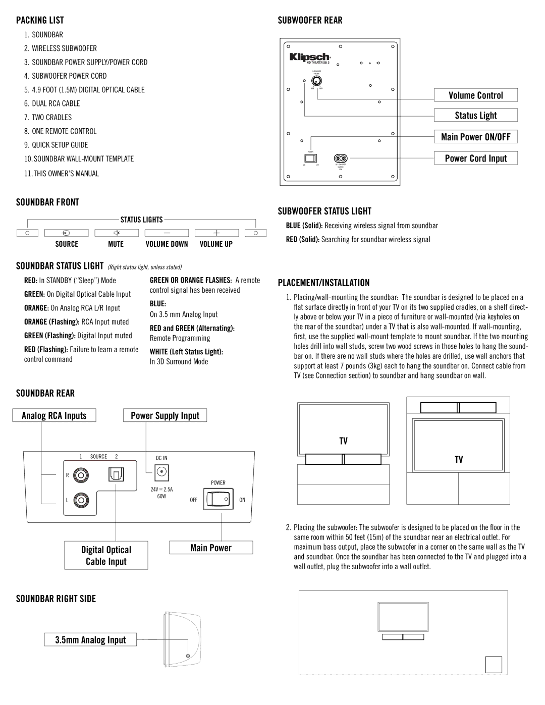 Klipsch SB3 PAcking List, Subwoofer Rear, Subwoofer Status Light, Placement/Installation, Soundbar Rear, Main Power 