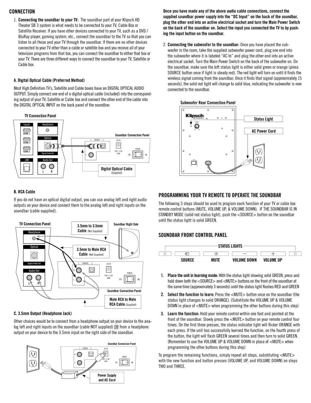 Klipsch SB3 owner manual Connection, Digital Optical Cable Preferred Method, Status Light AC Power Cord RCA Cable 