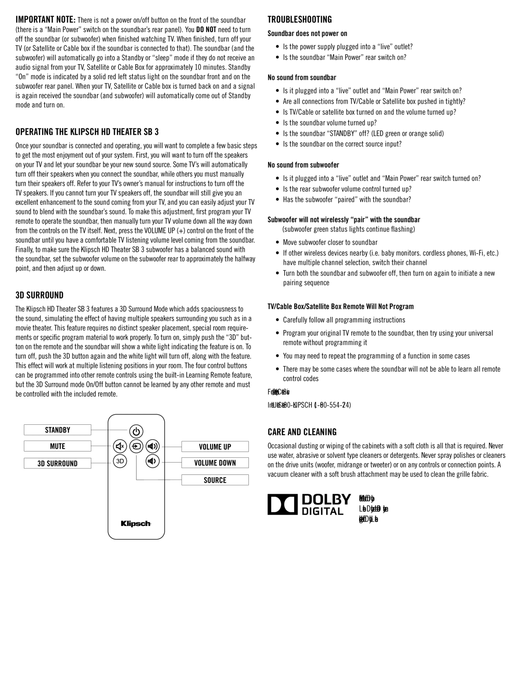 Klipsch SB3 owner manual Operating the Klipsch HD Theater SB, 3D Surround, Troubleshooting, Care and Cleaning, Standby Mute 