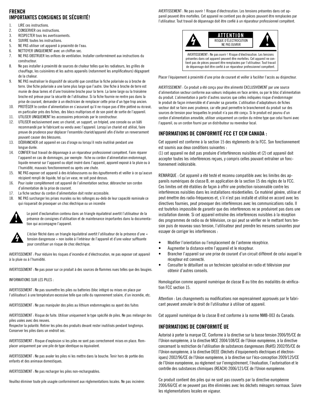 Klipsch SB3 owner manual French Importantes Consignes de sécurité, Informations DE Conformité UE 