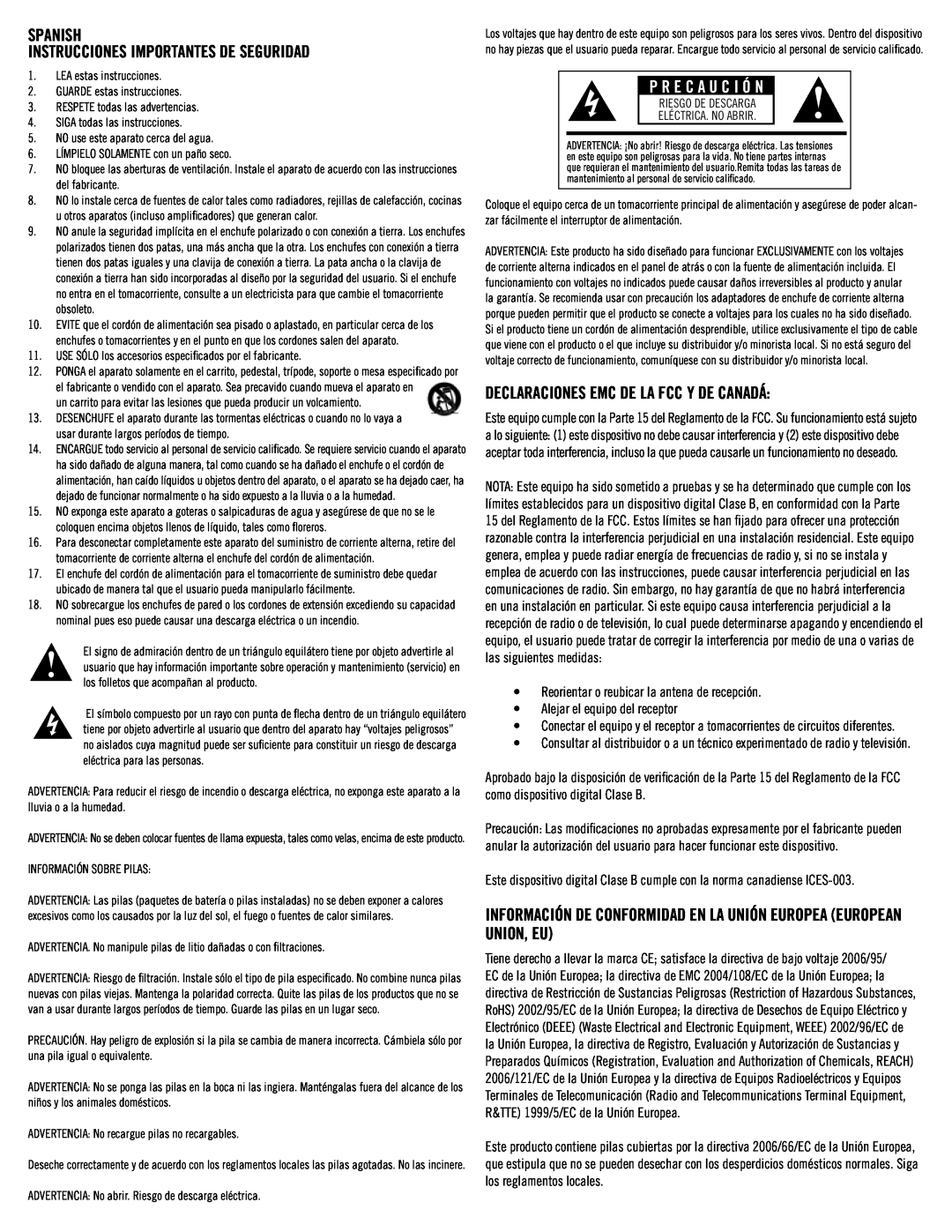 Klipsch SB3 P R E C A U C I Ó N, SPANISH Instrucciones importantes de seguridad, Declaraciones Emc De La Fcc Y De Canadá 