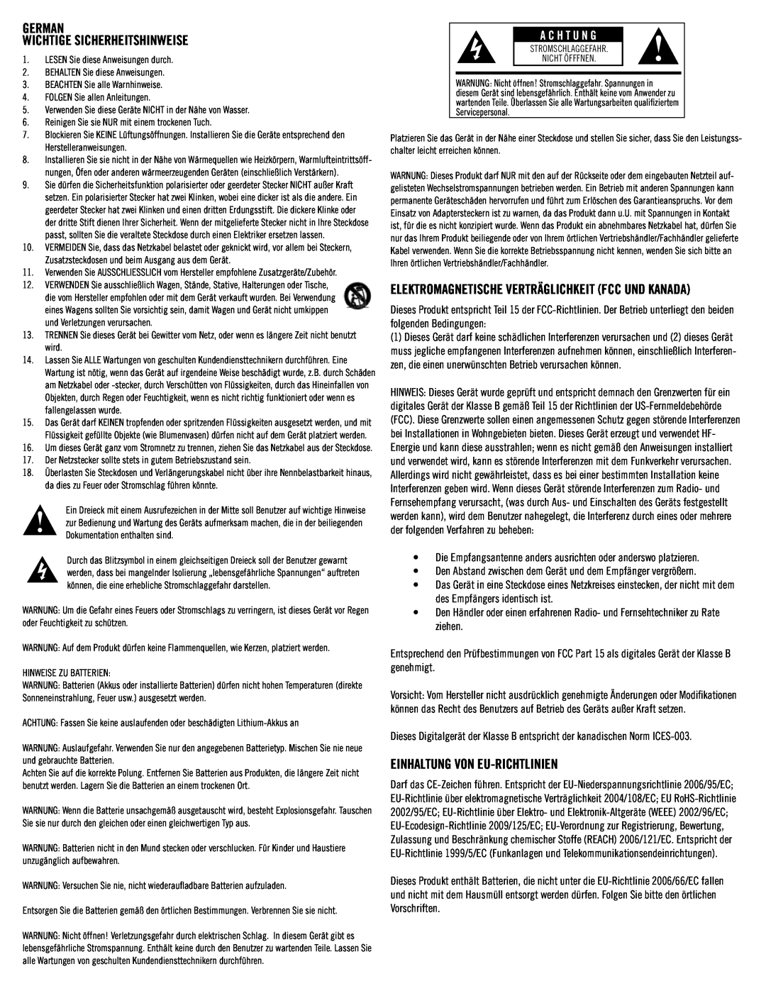 Klipsch SB3 owner manual German Wichtige Sicherheitshinweise, Einhaltung Von Eu-Richtlinien, A C H T U N G 
