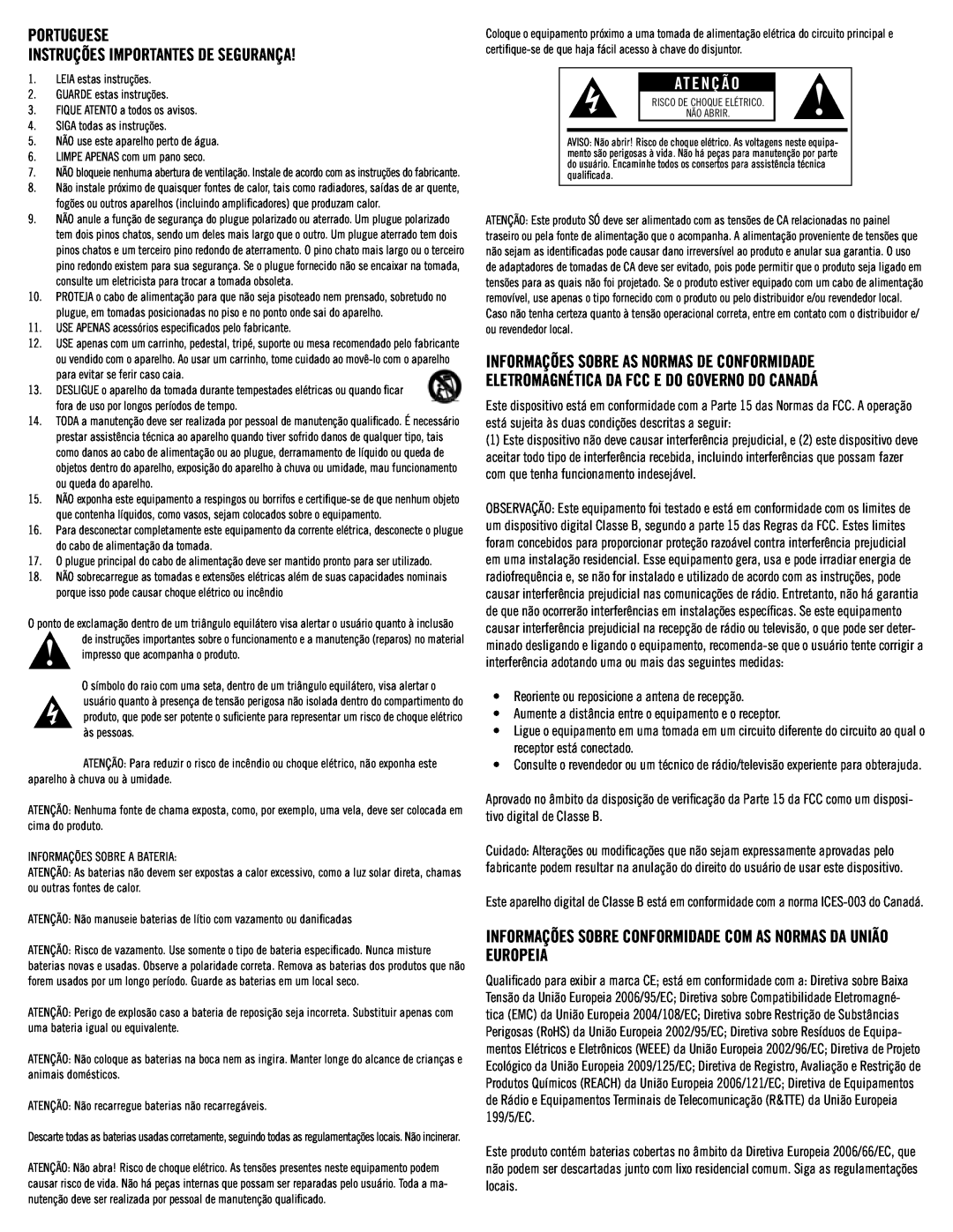 Klipsch SB3 owner manual Atenção, PORTUGuESE INSTRUÇÕES importantes de segurança 