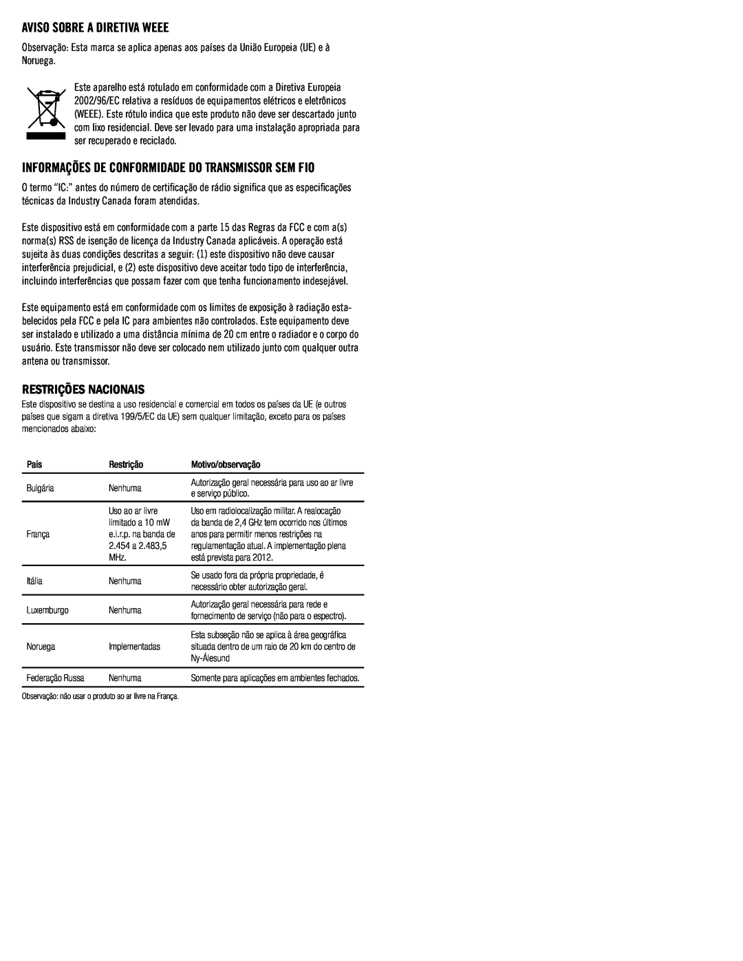 Klipsch SB3 owner manual Restrições Nacionais, Aviso Sobre A Diretiva Weee 