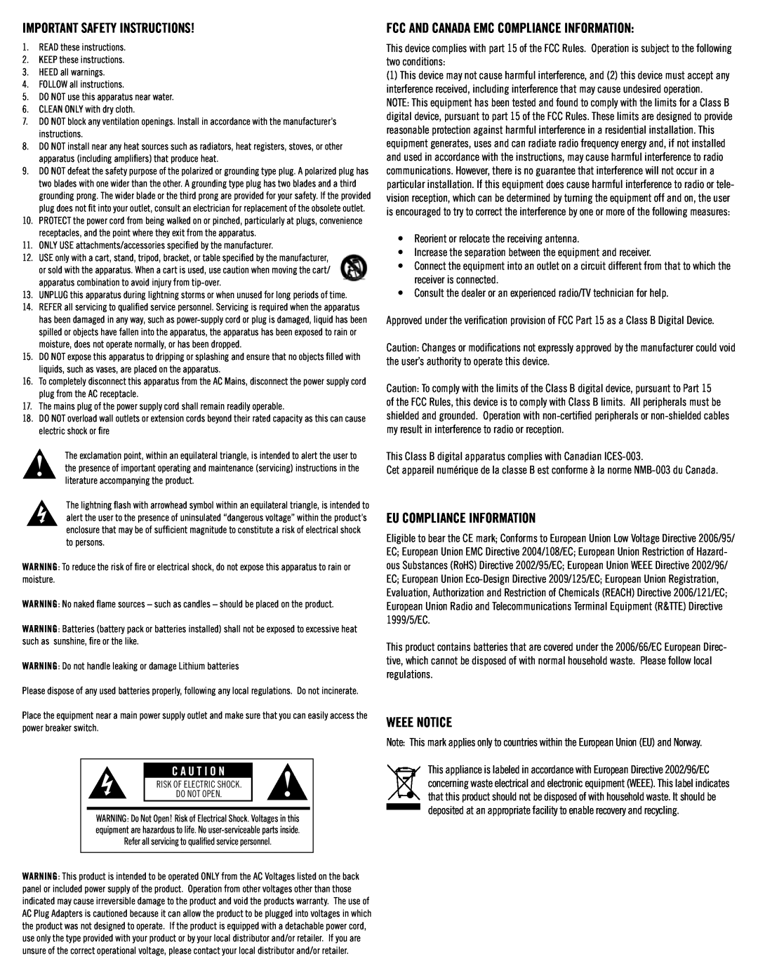 Klipsch SB3 Important Safety INSTRUCTIONS, Fcc And Canada Emc Compliance Information, Eu Compliance Information 