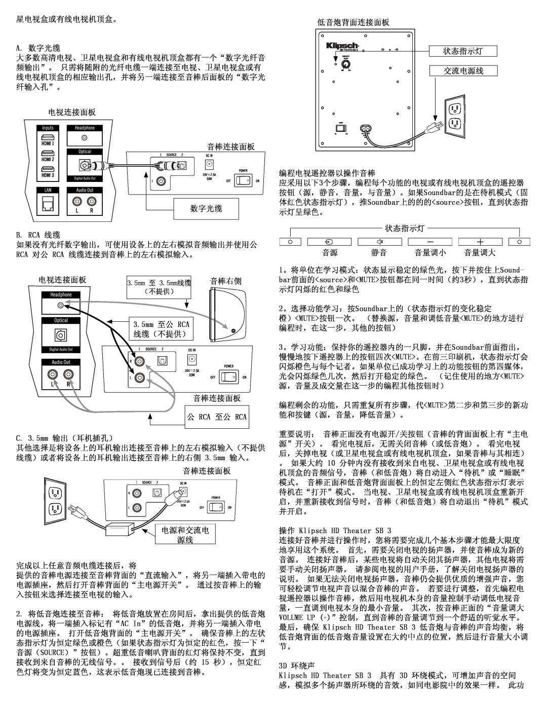 Klipsch SB3 owner manual 音棒连接面板, 数字光缆, 音棒右侧, 3.5mm 至公 RCA, 线缆（不提供） 