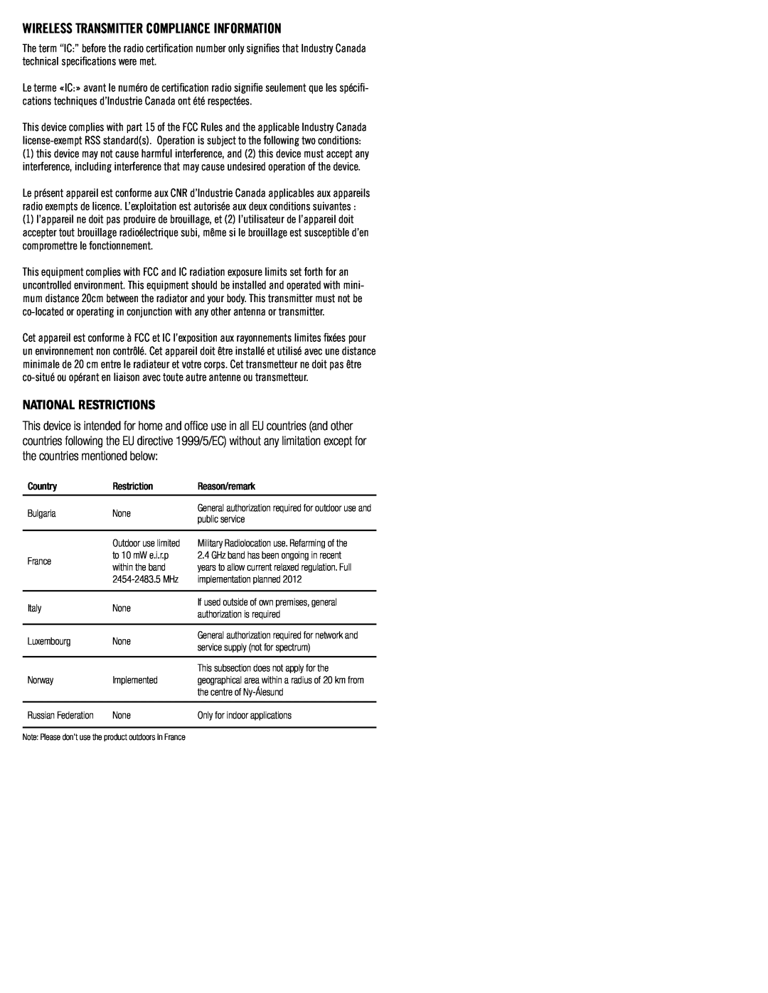 Klipsch SB3 owner manual National REstrictions, Wireless Transmitter Compliance Information 
