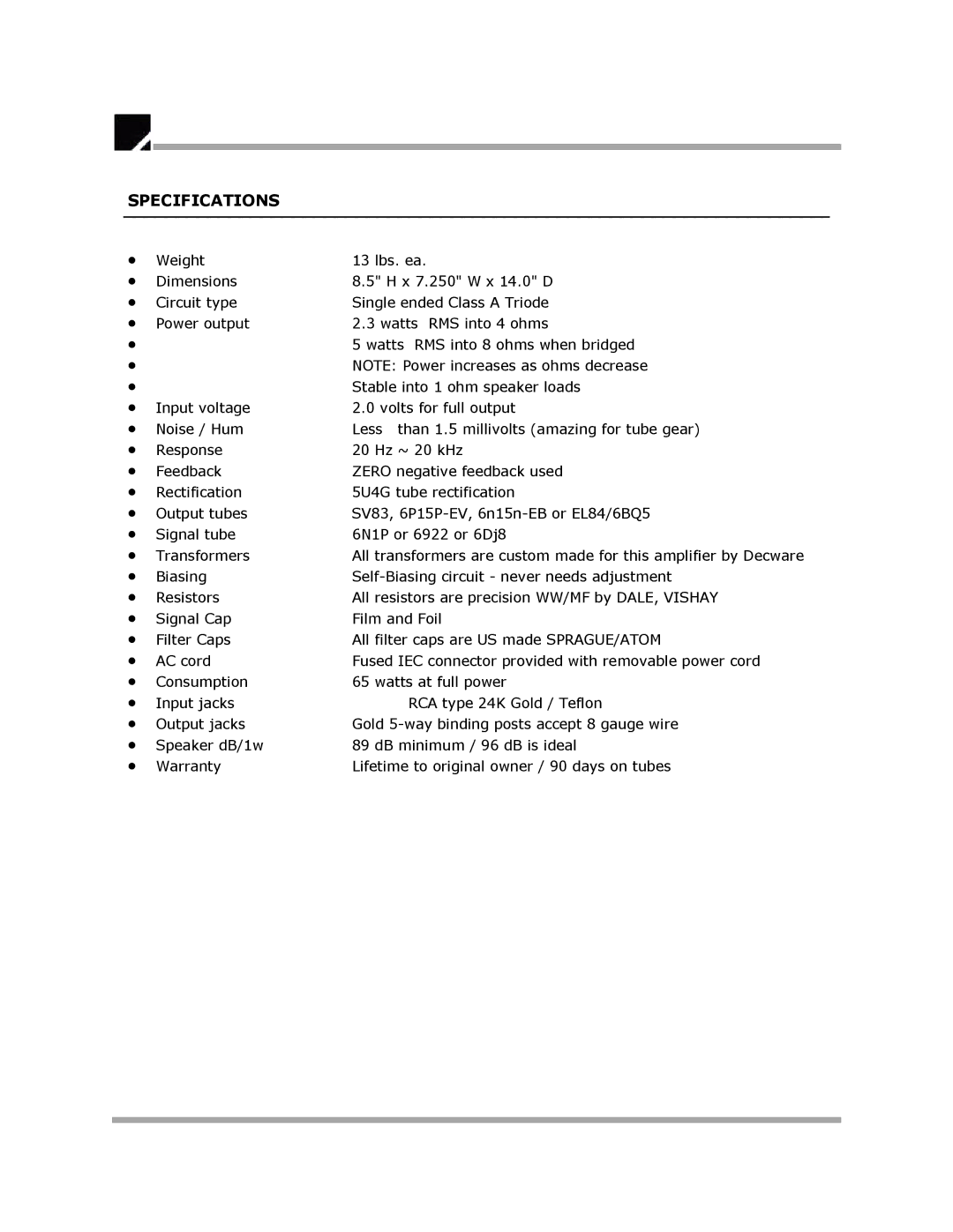 Klipsch SE84ZS owner manual Specifications 